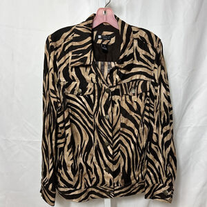 Carole Little Women's Size 1X Black Brown Animal Print Button Linen Jacket